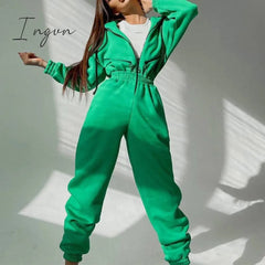 Ingvn - Casual Women Basic Hoodie Two Piece Sets Zipper Drawstring Jacket Outerwear And Elastic Pencil Pant Suit Autumn Winter Tracksuit