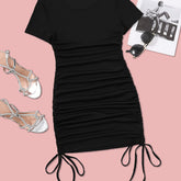 Womens Ruched Skinny Dress - Adjustable Drawstring Waist, Solid Color, Short Sleeve, Crew Neck, Chic and Versatile Casual Wear for Women