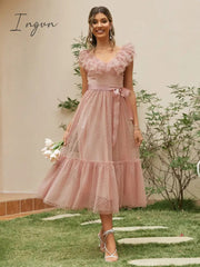 Ingvn - Fashion Trends V-neck mesh polka dot summer tulle party dress women Backless pink ruffle sleeveless dresses Elegant sash maxi vestido