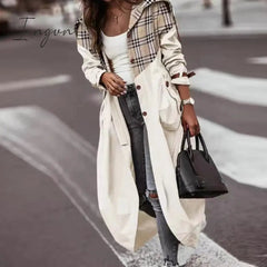 Ingvn - Women's Khaki Striped Plaid Contrast Long Trench Coat