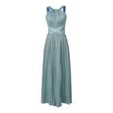 Elegant Host Evening Dress Women's French Hanging Neck Shiny Silk Satin Backless Waist Large Swing Robe Party Catwalk Vestidos