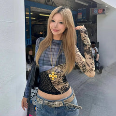 Japanese Y2k Patchwork Mesh Tops Trashy 2000s Lace Sheer Top Grunge Aesthetics Irregular T-shirt Vintage Harajuku Korean