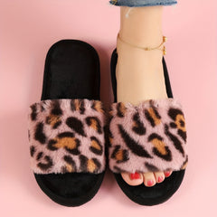 Cozy Leopard Print Plush Slippers for Women - Soft, Warm, Open-Toe, Slip-On Shoes with Fuzzy Fabric Upper and EVA Sole for Indoor Use - All-Season Comfortable Footwear for Relaxation