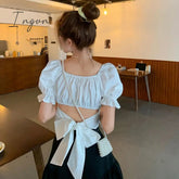 Ingvn - Women Spring Fashion Back Puff Sleeve Shirts Women Autumn French Bow Bandage Blouses New Black Pink Square Neck Cropped Tops Female