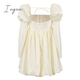 Ingvn - New Fashion Puff Sleeves Woman Party Dress Evening Chic Square Collar Ball Gown Dress Short Beige Satin Dresses Pleated Ladies