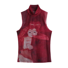 Tie Dye Mesh High Neck Hand Painted Printed Women Top Summer Fashion Sleeveless Slim T Shirt Lady Holiday Beach Style Tops
