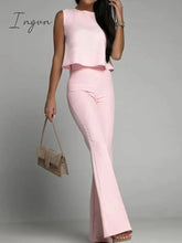 Ingvn - Office Elegant Commuter Set Fashion O-neck Sleeveless Tops and Flared Pants Suit Women Sexy Backless Tie Solid Two Piece Outfits
