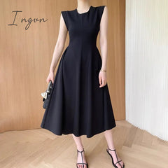 Ingvn - Sleeveless Summer Party Dress Women O-Neck High Waist Long Midi Dress Elegant A-Line Cotton Office Lady Hepburn Korean