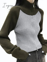 Ingvn - Cropped Cardigan Women Sweater Fashion Korean Knitwears Patchwork Turtleneck Tunic Jackets Sueter Mujer Sweaters Coat Y2k Tops