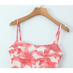Sexy Women Floral Print Sling Mesh Dresses Thin Straps Skinny Slim Waist Hem Slit Bodycon Mini Dress Summer Robe