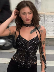 Ingvn Summer Bandage Halter Neck Ruffles Camisoles Black Streetwear Woman Clothing Corset Dot Printed Backless Lace-up Crop Tops