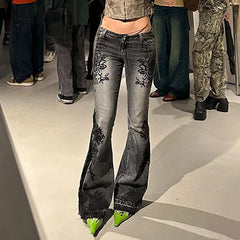 Streetwear y2k Flare Jeans Distressed 2000s Floral Print Low Rise Slim Denim Pants Korean Women Trousers Retro Mom Jeans