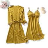 Ingvn - Yellow Robes Suit Autumn Women Nightgown Sets 2 Pieces Nightdress Bathrobe With Chest Pad Female Satin Kimono Bath Gown Sleepwea