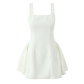 Elegant White Evening Party Mini Dresses For Women Square Neck Sleeveless Pleated Hem Ball Gown Dress Summer Robe