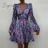 Ingvn - Trends high quality Spring New Women Sexy V Neck Letters Print Fashion Short Dresses Casual Satin Slim Lantern Sleeves Zipper Elegant Party Vestidos