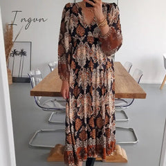 Ingvn - Women Fashion Pattern Printed Dress Autumn Office Casual Long Sleeve Pleated Dress Lady Vintage Loose High Waist Dresses Vestido