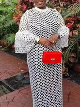 Ingvn - Women White Long Dresses Lace Hollow Out High Neck Bell Sleeve Straight Maxi Kaftan Dress One Size Robe Party Evening Clothes