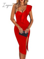 Ingvn - Midi Bandage Dress New Women's Black Bodycon Dress Elegant Sexy Ruffle Evening Club Party Dress High Quality Summer