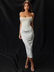 Pearl Tassel Sexy Midi Dress For Women Fashion Party Outfits Off-shoulder Strapless Backless Bodycon Club Sexy Dress