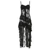 Women Dress Sexy Patchwork Mesh Strapless Irregular Waist Ruffled Split Black Dresses Fashion Night Party Vestidos