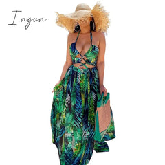 Ingvn - Stigende Women Bohemian Palm Leaf Maxi Dress Sexy High Split Summer Beach Halter Dress Casual Sleeveless Bandage Long Dress