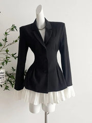 Elegant Patchwork Flare Sleeve Suit Dress Women Single Breasted Turn-down Collar Pleated Autumn Winter Korean Chic New Clothes