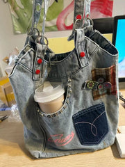 Ingvn Korean Y2k Denim Patchwork Underarm Bag Large Capacity Shoulder Bag Women's Commuter Bag Summer Retro Denim Women's Bag