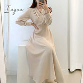 Ingvn - Harajuku V-neck Puff Sleeve A-line Maxi Dresses for Woman Women Solid Color Midi Robe Korean Office Dresses Elegant Spring