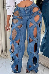 Ingvn - Casual Solid Hollowed Out Patchwork High Waist Regular Denim Jeans