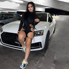 Solid Long Sleeves O Neck Cut Out Drawstrings Bandage Playsuit Summer Fall Bodycon Sexy Party Club Elegant Y2K