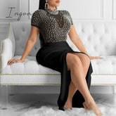 Ingvn - Women Sexy Dress Transparent Tulle with Bead Tops Patchwork Slit Party Dresses Short Sleeves Female Summer Night Date Out