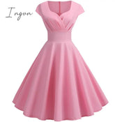 Ingvn - Pink Summer Dress Women V Neck Big Swing Vintage Dress Robe Femme Elegant Retro pin up Party Office Midi Dresses Plus Size
