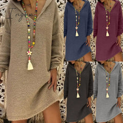 Ingvn - Sweater Dress Women Hooded Collar Long Sleeve V-neck Pure Color Knitted Pullover Spring Autumn Oversize Sweaters Pullovers