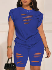 Solid Ripped Two-piece Set, Crew Neck Short Sleeve Tee & Slim Shorts Outfits, Women's Clothing