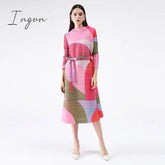 Ingvn - Pleated Dress Women Hit Color Geometric With Belt Sashes Over Size Long Sweet Casual New Spring Fashion Tide