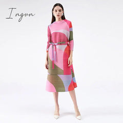 Ingvn - Pleated Dress Women Hit Color Geometric With Belt Sashes Over Size Long Sweet Casual New Spring Fashion Tide