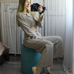 Ingvn - Spring Outfits Trends Korean Summer Two Piece Set Women Crop Top Sexy Lace-up Blazer Coat + High Waist Pants Suit Sets Autumn Streetwear 2 Piece Sets