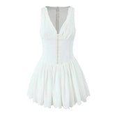 New Women Hollow Out Embroidery White Tank Dress Sleeveless V Neck Low Waist A-line Mini Dresses Summer Cotton Robe