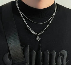INGVN Hip Hop Zircon Star Double Layer Necklace For Men Women Trend Charm Titanium Steel Pendant Chain Unisex Jewelry