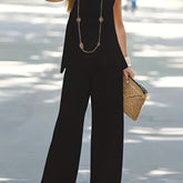 Plus Size Casual Outfits Two Piece Set, Women's Plus Solid Round Neck Tank Top & Wide Leg Pants Outfits 2 Piece Set