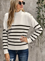 Casual Women's Striped Mock Neck Long Sleeve Pullover Sweater with Fake Button Detail