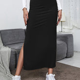 Feminine Solid High Waist Split Midi Skirt - Flattering Bodycon Pencil Silhouette, Casual Everyday Wear for Women, Chic Midi Length with Trendy Split Detail, Comfortable High Waist Design