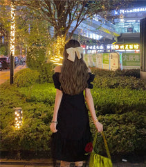 Ingvn - New Gothic Women Black Fairy Party Dress Cross Square Collar Lolita Princess Irregular Dress Cute Kawaii Lace Ruffles Chic Dress