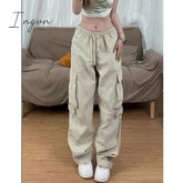 Ingvn - American Y2K White Vintage Cargo Jeans Fashion Pocket High Waist Straight Pants High Street Baggy Wide Leg Denim Trouser Ladies