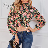 Ingvn - Cropped Floral Print Smocked Waist Blouse