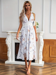 Vibrant Floral Plunge Midi Dress - Fashionable Sleeveless High Waist Design - Perfect for Casual Chic - Womens Clothing