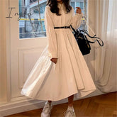 Ingvn - Women Dress Long Sleeve Spring Autumn Vintage Designer Collar Lapel Button Up Ruched Ruffles Cotton White Dresses Female Clothes