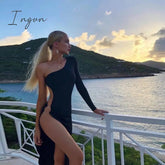 Ingvn - Summer Outfits One Shoulder Hollow Out High Split Sexy Dress Elegant Summer Dress Women Party Club Dresses Female New Black Bodycon Dress