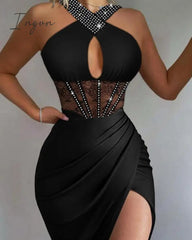 Ingvn - Fashion Women Solid Black Sleeveless Ruched High Slit Contrast Lace Corset Dress Halter Sexy See Through Dress Sexy Robes