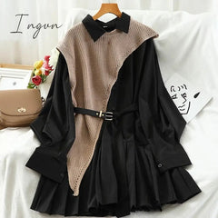 Ingvn - New Sweet Suit Women Japan Single Breasted Turn-Down Collar Pleated Dress +Irregular Drawstring Knitted Vest Two Piece Set PL548